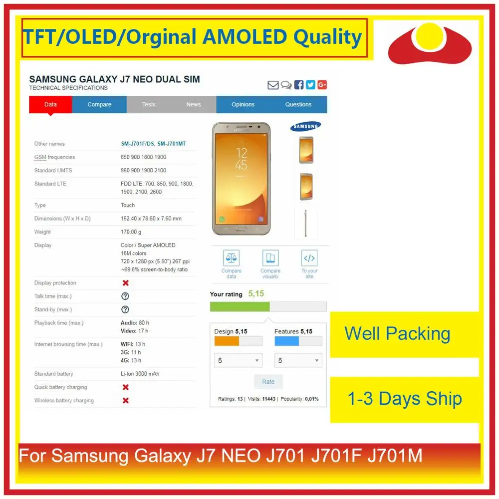 Оригинальный 5 &quotЖК дисплей с дигитайзером сенсорного экрана для Samsung Galaxy J7 neo J701
