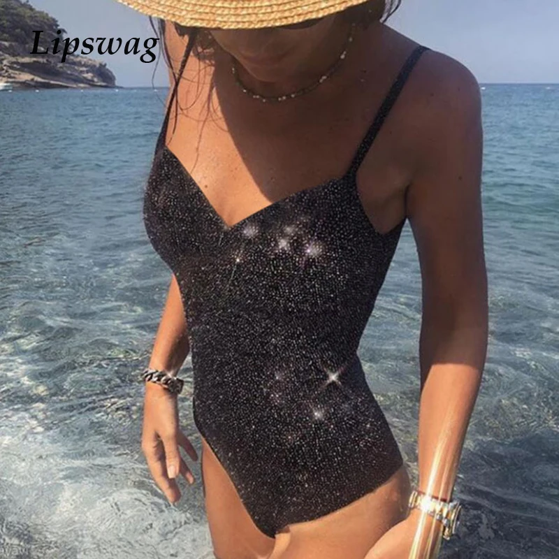 Женский слитный купальник пикантный Блестящий с перекрещенными ремешками