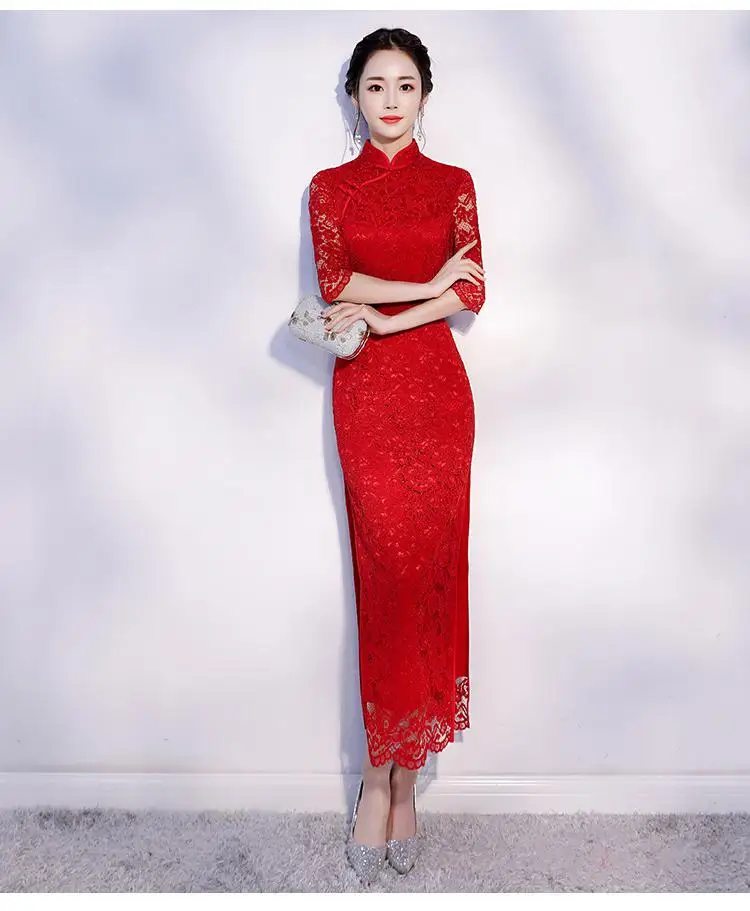 Новое поступление, кружевное женское Красное китайский воротник Qipao, элегантное китайское свадебное платье невесты, женское тонкое длинное винтажное платье чонсам, S-2XL