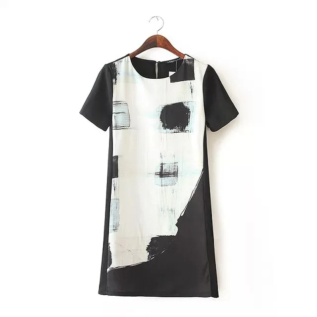 2015 New arrival Ladies' Elegant cute black white print dress vintage O-neck short sleeve casual slim brand design | Женская одежда
