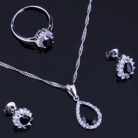 cheerful black cubic zirconia white cz silver plated jewelry sets earrings pendant chain ring v0328