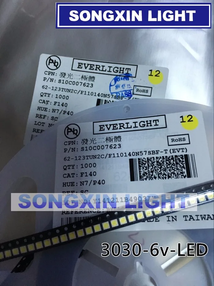 100PCS EVERLIGHT LED Backlight 1-2W 3030 6V Cool white 125-150LM LCD for TV Application 62-123TUN2C/F110140N57SBF-T | Лампы и