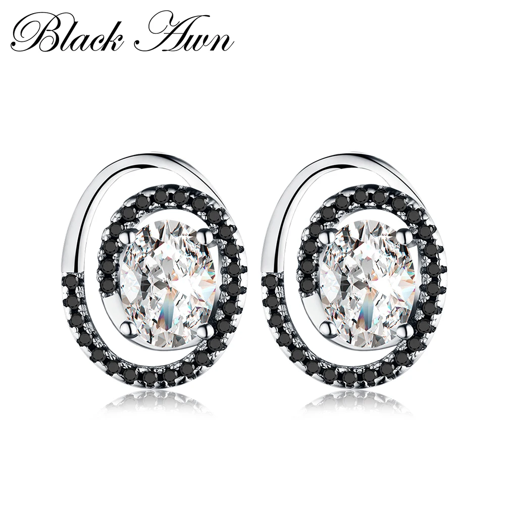 Женские овальные серьги гвоздики [BLACK AWN] сережки из серебра 925 пробы с черной