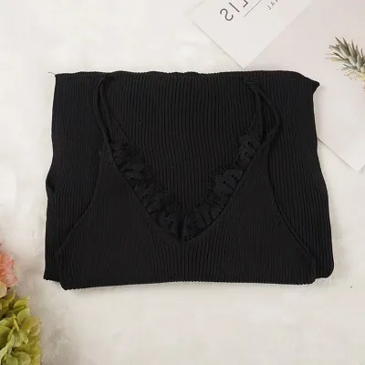 black Женское платье на бретельках, лето, кружевное вязаное платье с v-образным вырезом, с разрезом, высокая талия, облегающее платье, vestidos mujer - Цвет: black