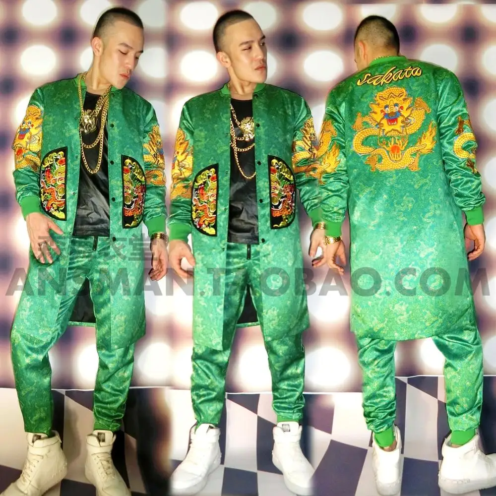 

men's loose long jacket coat Nightclub male singer DJ green satin robes embroidered atmosphere costumes roupas masculina
