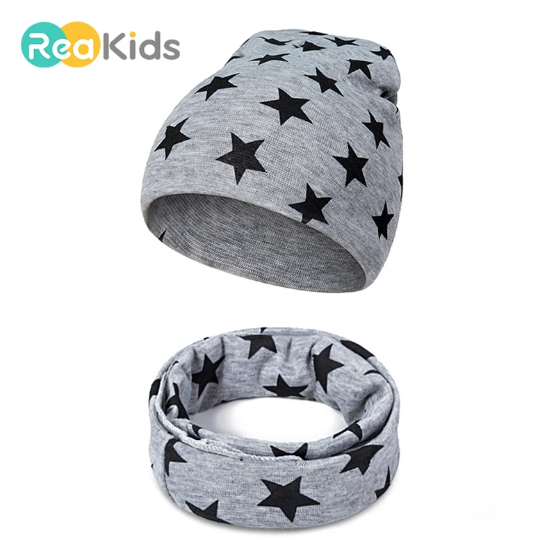 REAKIDS/детская шапка для девочек и мальчиков, детская шапочка со звездами, хлопковая зимняя шапка для малышей, детский шарф, шапка, Детский комплект с воротником