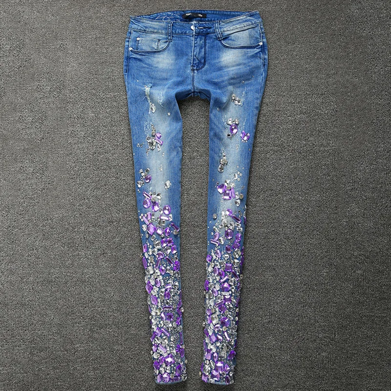 Женские джинсы-бойфренды узкие джинсы-карандаш стрейч размера плюс со стразами и