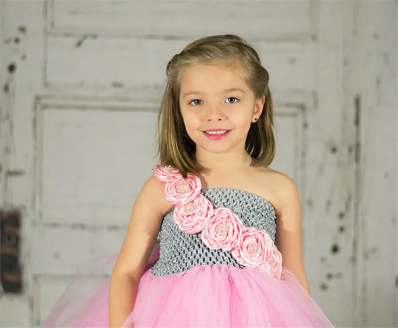 Cute Girls Grey Tulle Dress Kids Crochet Corset Long Tutu with Rose Flowers Children Wedding Party Costume Banquet Dresses | Детская