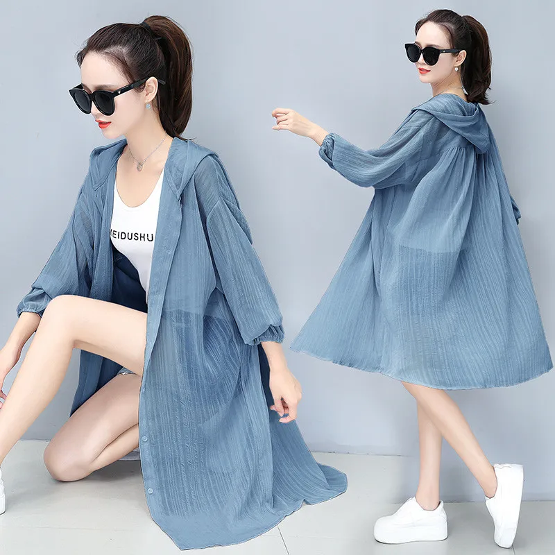 UHYTGF Fashion beach summer coat Womens Mid-length Hooded thin sunscreen clothing Loose Breathable plus size cardigan coats 456 | Женская