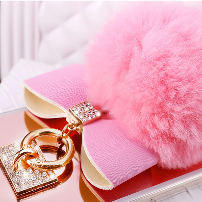 For Huawei P20 Glitter Fake Rabbit Fur Ball Mirror Case Honor 9 8 7 6X V8 Lite Cover Coque Shell Housing |