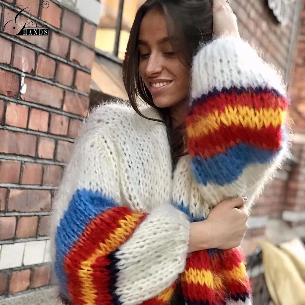 Gold Hands 2019 Women Knitted Cardigans Autumn Winter Fashion V-Neck Loose Batwing Sleeve Knitting Cardigan Sweater Female |
