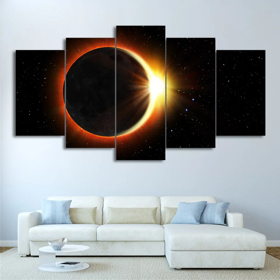 

Modern Abstract Canvas Painting Wall Art Pictures 5 Pieces Eclipse Space Starry Sky Abstract Landscape HD Printed Poster