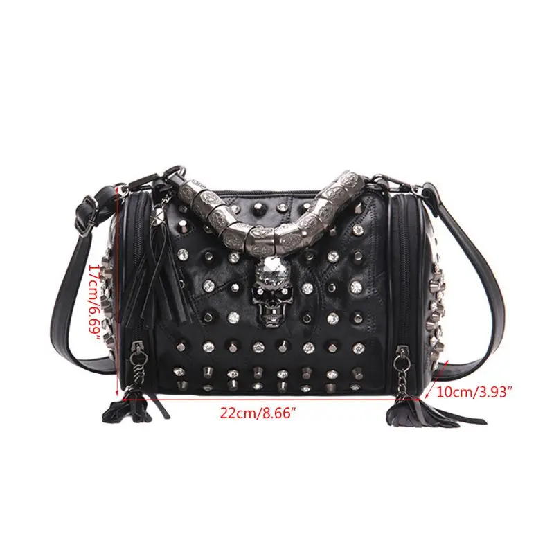 Women Tassels Shoulder Bag Hob-Nail Messenger Travel Bag Punk Crossbody Handbag Skull Decor For Party Dating Commuting