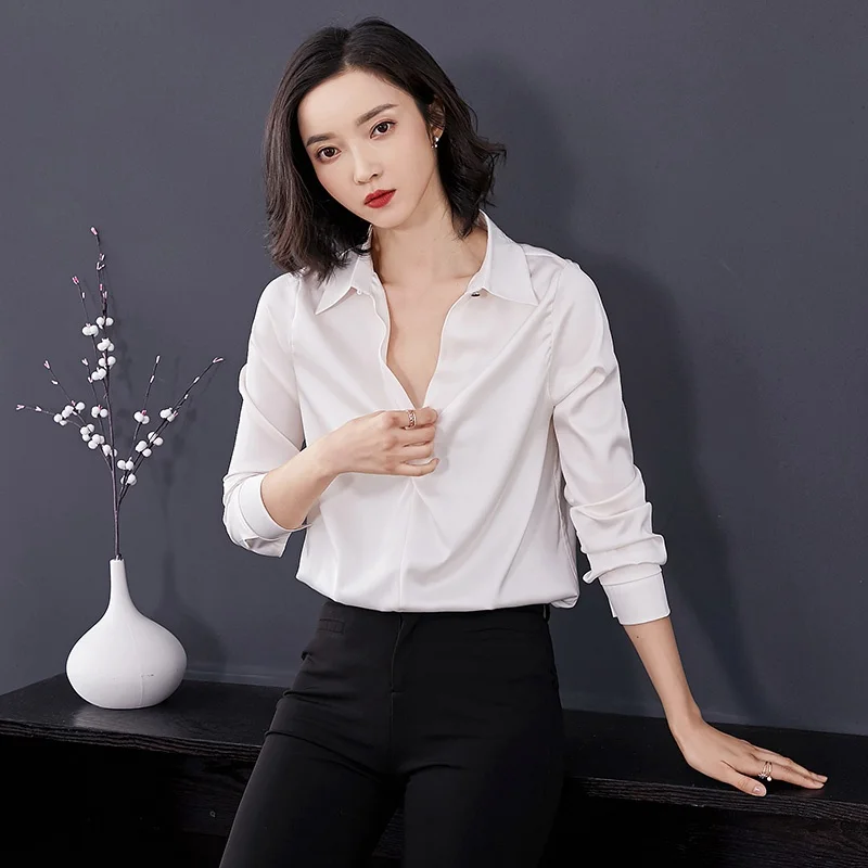 Fashion Women spring summer Turn-down Collar casual Tops Long Sleeve loose Solid Color Satin blouse office lady Basic Shirt
