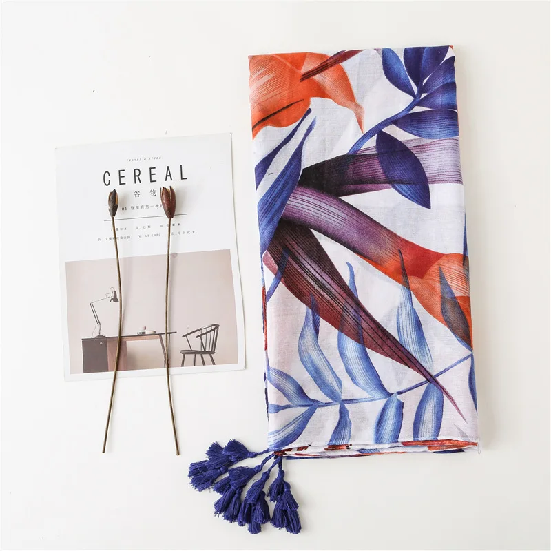 Marte Joven Orange and Blue Big Leaf Print Scarves Women Elegant Summer Sunscreen Beach Wrap Long Shawl for Ladies | Аксессуары для