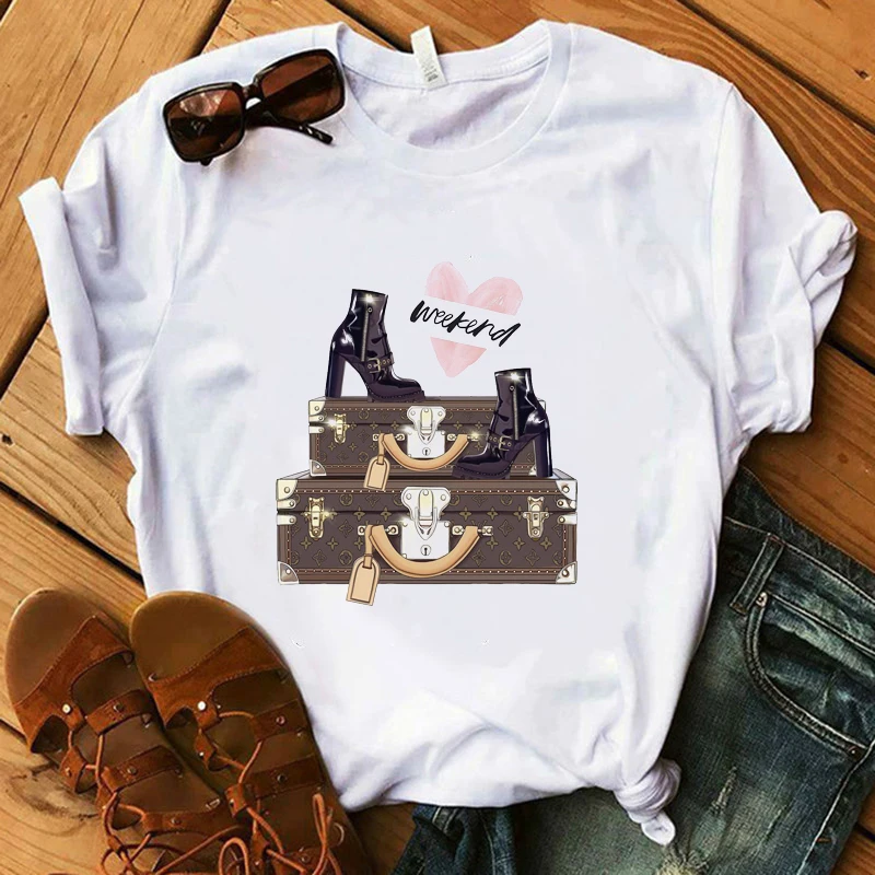 Vogue Weekend/женские футболки из хлопка; очень мягкая футболка Camiseta mujer; женская летняя футболка; белые повседневные футболки на высоком каблуке - Цвет: Белый