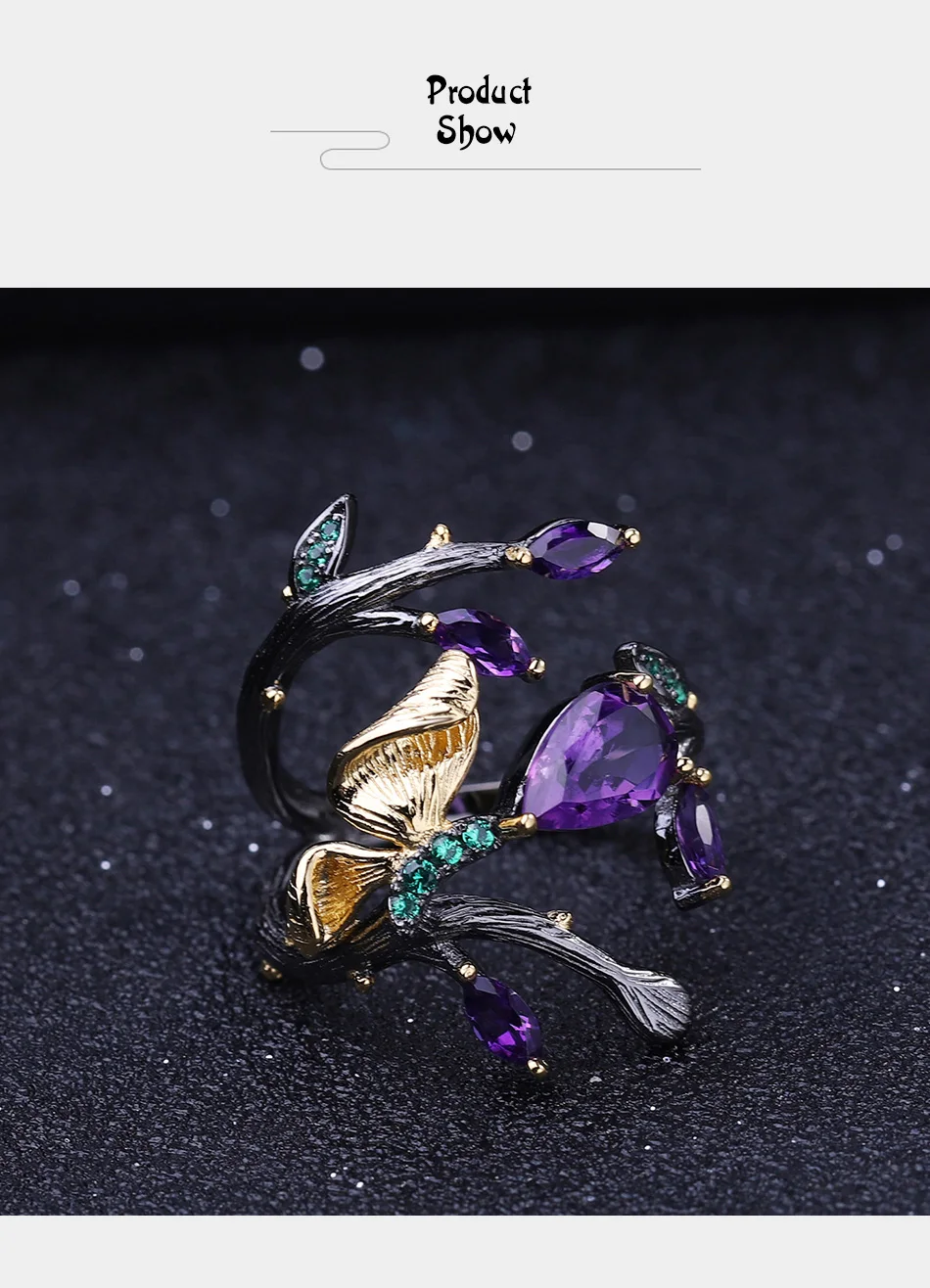 GEM'S BALLET 2.37Ct кольцо с натуральным аметистом, настоящее 925 пробы, серебро, ручная работа, Бабочка, ветка, цветок, кольца для женщин, хорошее ювелирное изделие