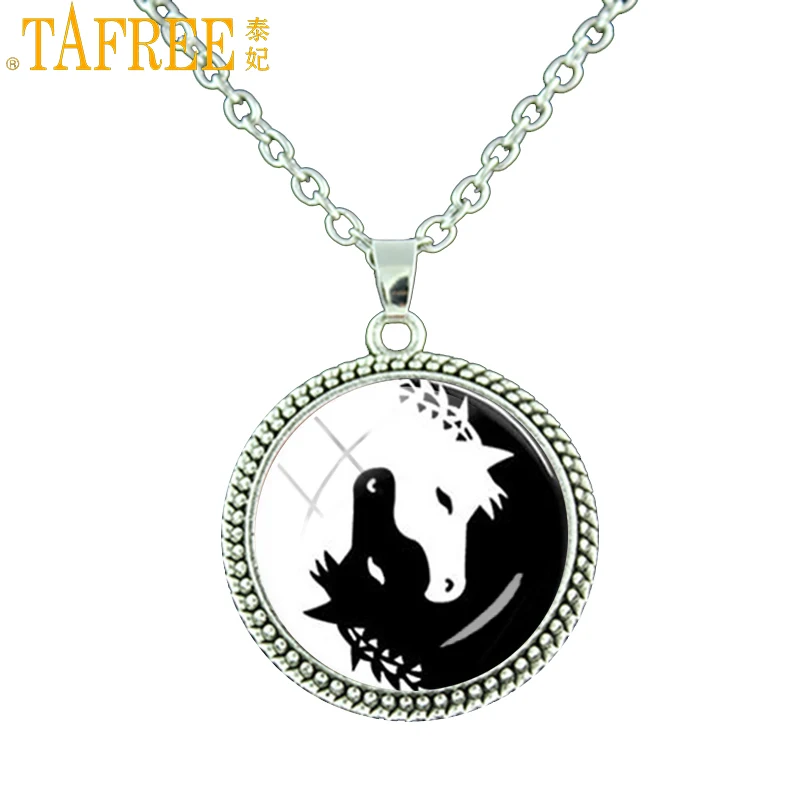 TAFREE Horse Jewelry women men Necklace Yin Yang Black White Animals Art Glass Photo Charms medallion pendant necklaces ES72 | Украшения и
