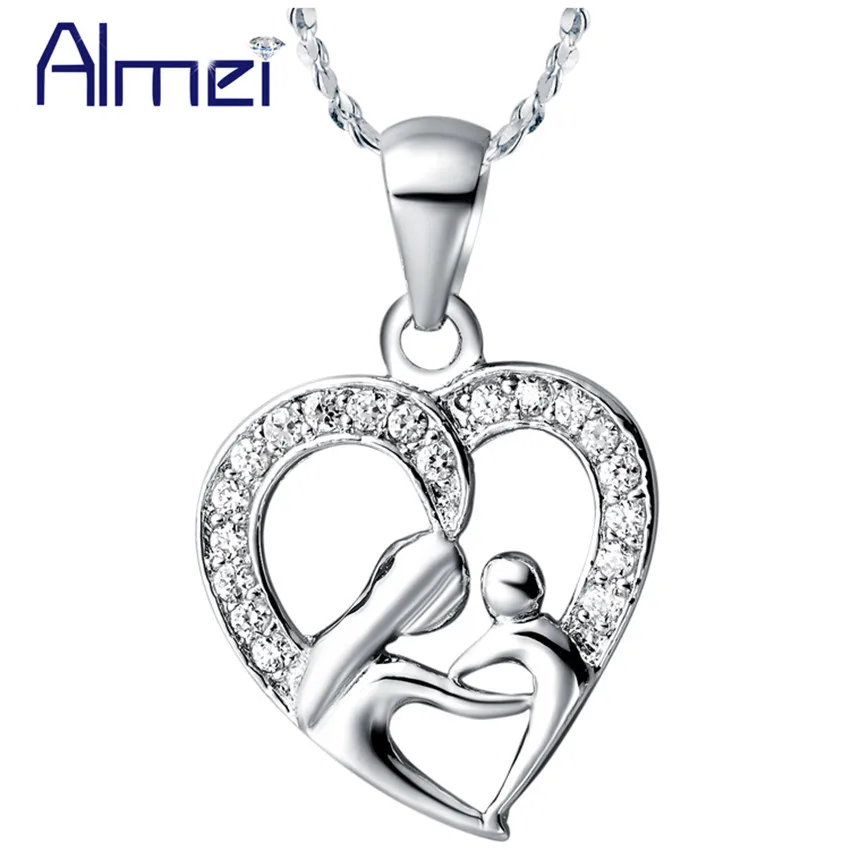 Almei40 % скидка ожерелья сердце любовь серебро CZ циркон Mujer подвеска цепочка