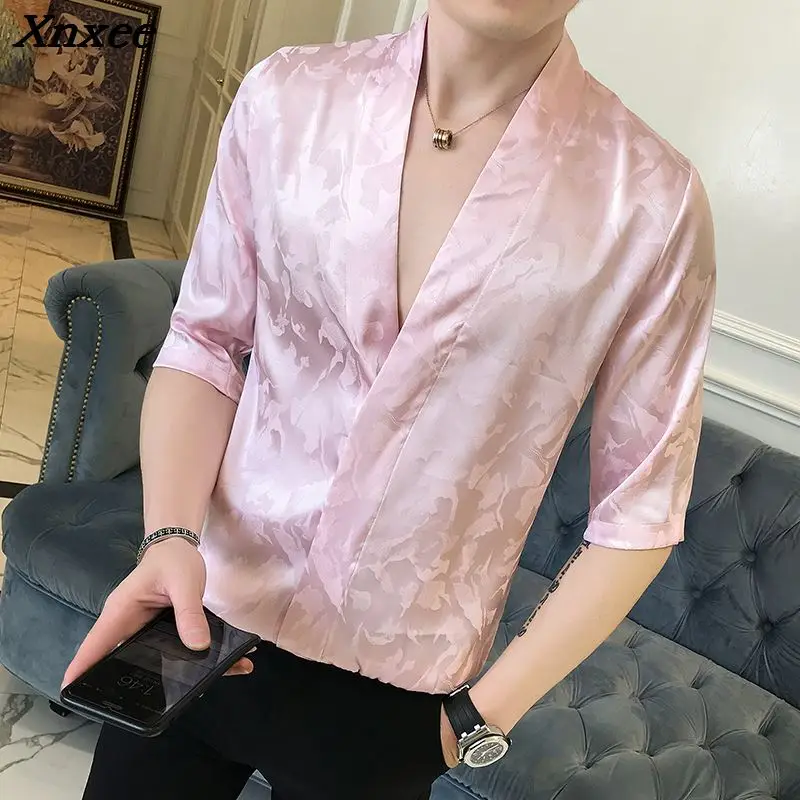 Розовые рубашки мужские шелковые Роскошные Camisa Social Masculina приталенные атласные