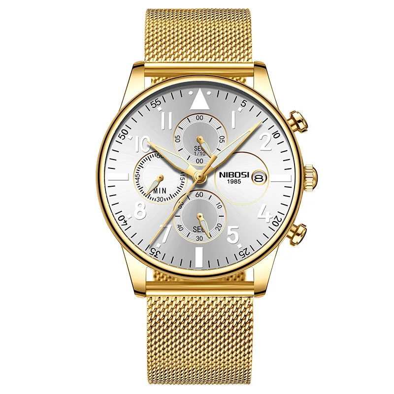 Gold white m Rologios Masculinos NIBOSI мужские часы Топ люксовый бренд Мужские стальной браслет Кварцевые часы аналоговые наручные часы водонепроницаемые Saat - Цвет: Gold white m