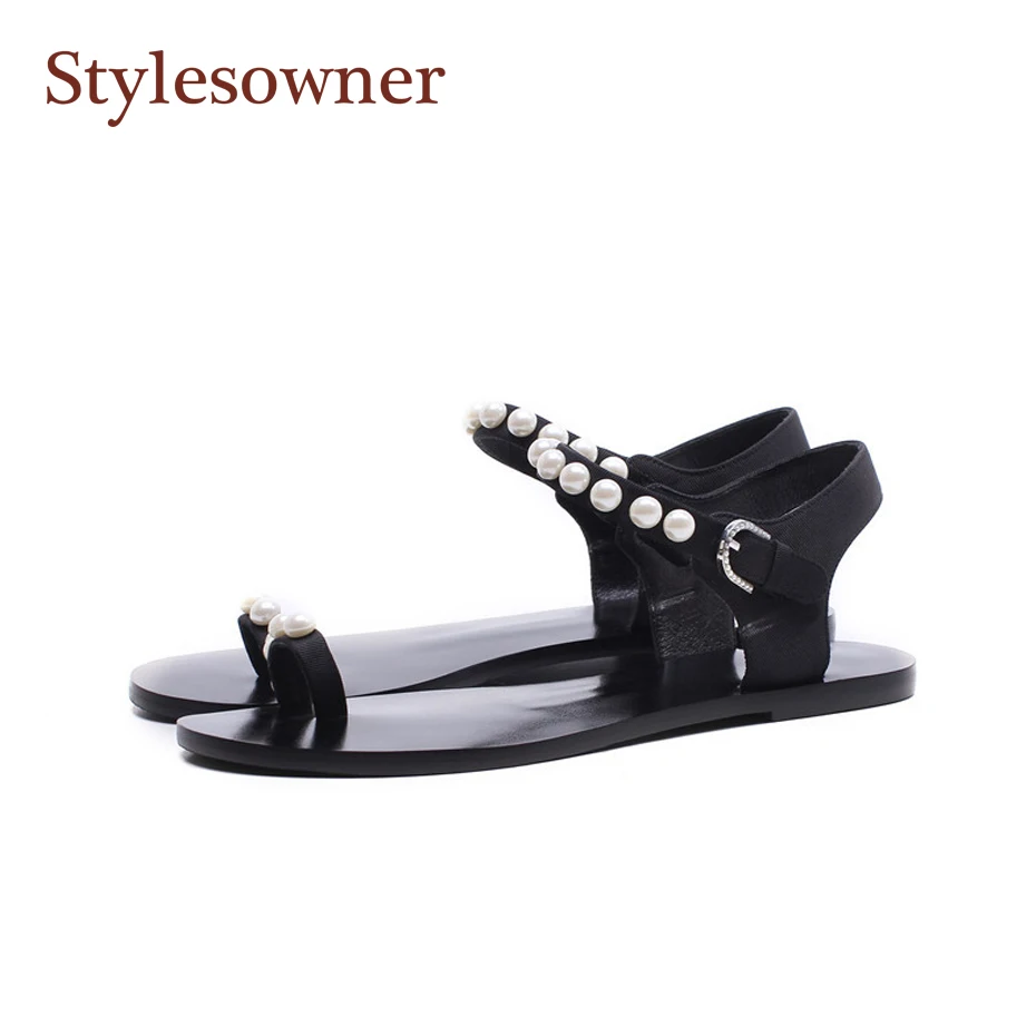 Stylesowner дизайнер пляж девушки Sandalias Mujer жемчуг натуральная кожа плоские