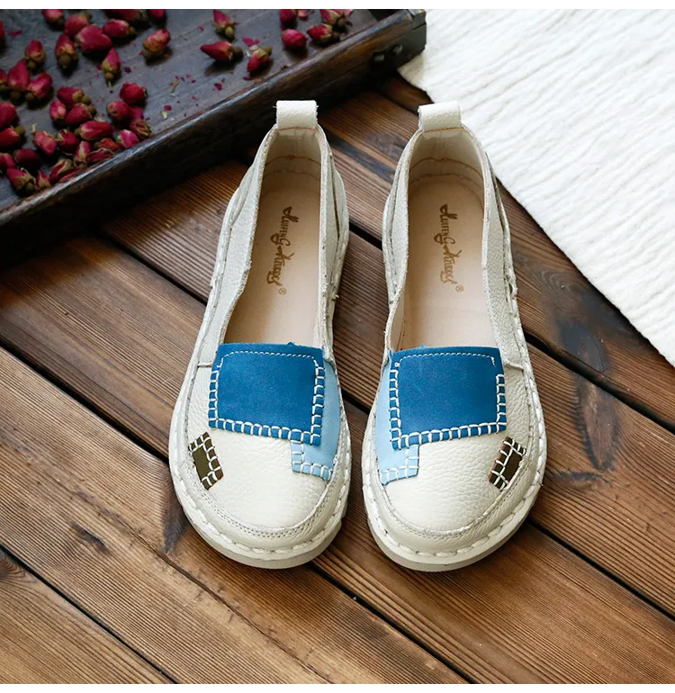 Beige white HUIFENGAZURRCS/туфли на плоской подошве ручной работы из воловьей кожи; художественная обувь в стиле ретро mori girl; удобная повседневная обувь на мягкой подошве - Цвет: Beige white