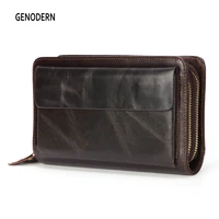 genodern genuine leather men clutch wallets cowhide long purses business large capacity wallet double zipper phone bag for male