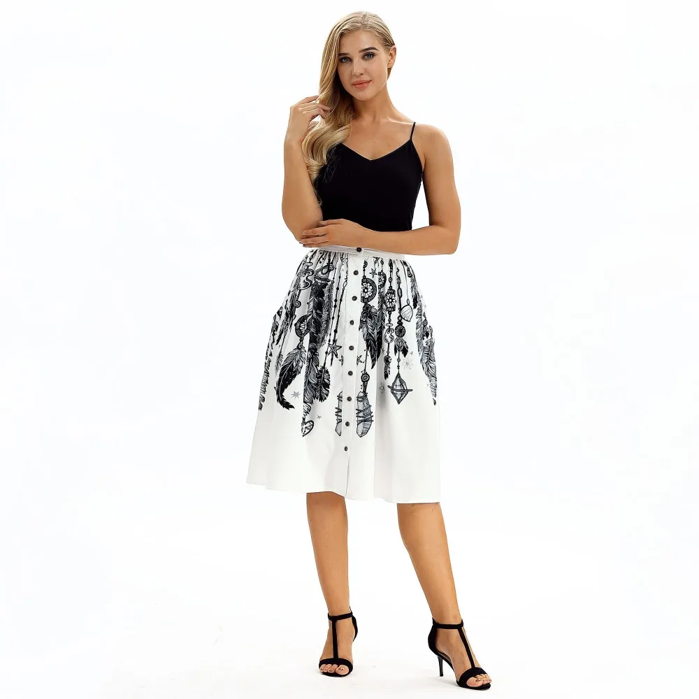

2019 summer fashion women's polyester casual colorful digital printing button group pockets mid-calf A-line sweet girl skirts