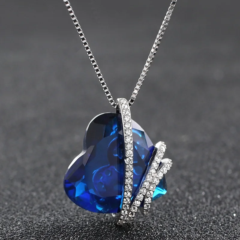 Sapphire Stone White Diamond Blue Gemstones Heart Figure Crystal 925 Sterling Sliver Pendant Necklaces For Women Jewelry Bijoux | Украшения