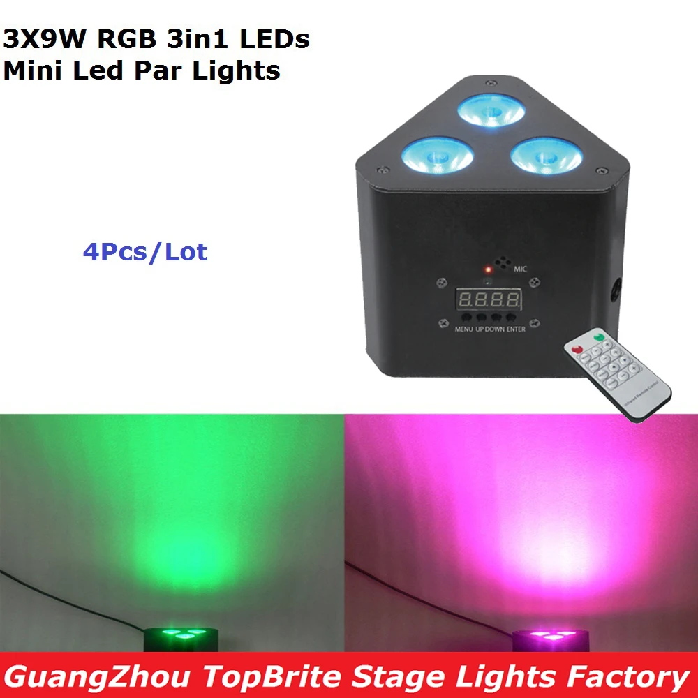 

4 шт./лот Новый светодиодный мини угловой свет 3X9W RGB 3IN1 профессиональный сценический эффект освещение для сцены диско лазерные огни IRC пульт ...