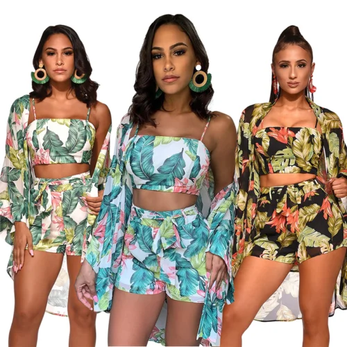 Женский комплект из 3 предметов с цветочным принтом короткий топ короткие брюки