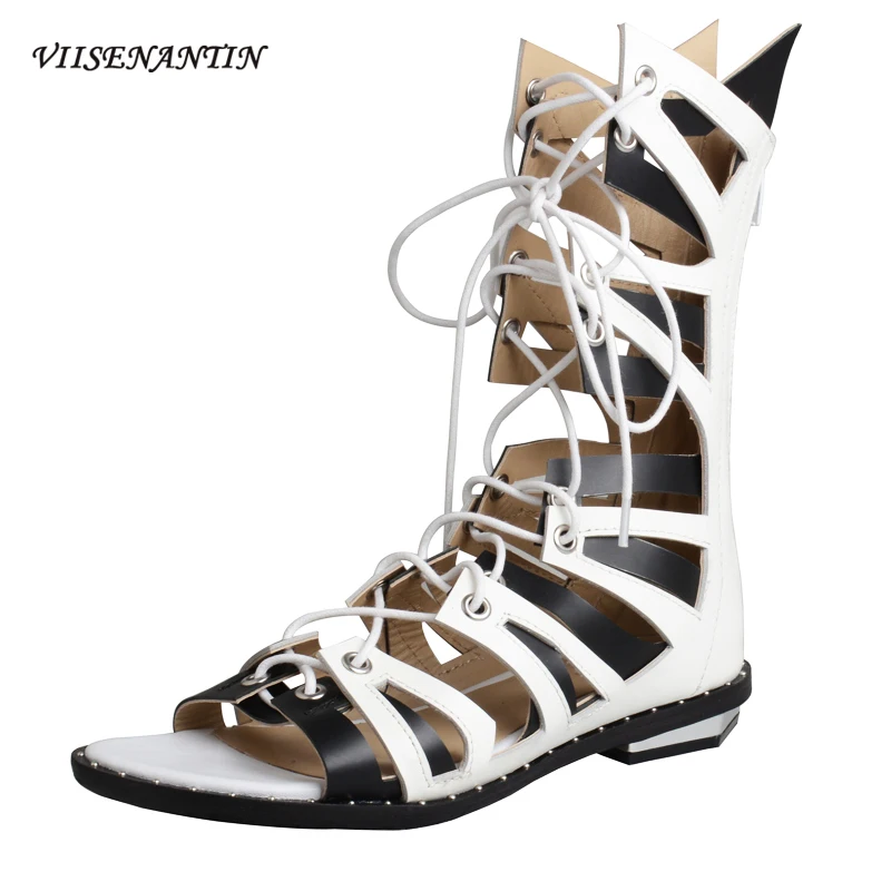 

VIISENANTIN Cowhide Leather Color Matching Hollow Out Sandal Boot Casua Lace Up Open Toe Low Heel Roman Sandals for Women