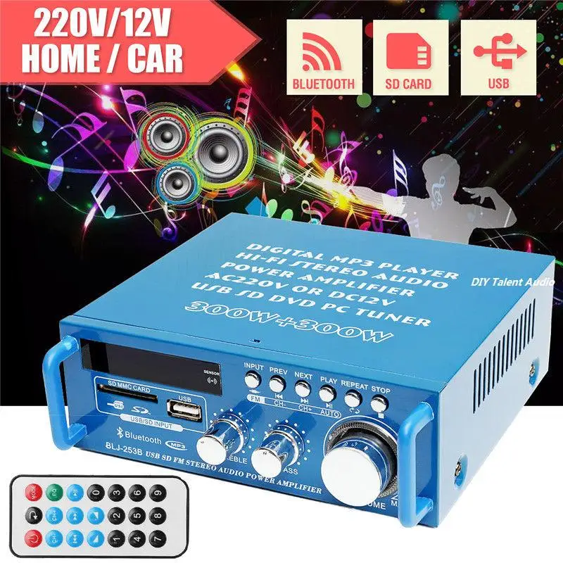 DC 12V AC 220V Bluetooth FM Hi Fi 300W + стерео аудио усилитель mp3 плеер|Усилители мощности| |
