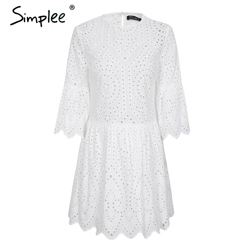 Simplee хлопок кружевное с вышивкой мини платье Женщины Кнопка рюшами повседневные