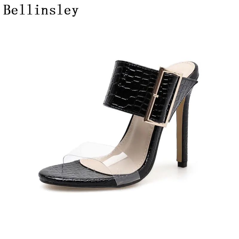 Bellinsley/летние женские шлепанцы туфли на высоком тонком каблуке с большой пряжкой