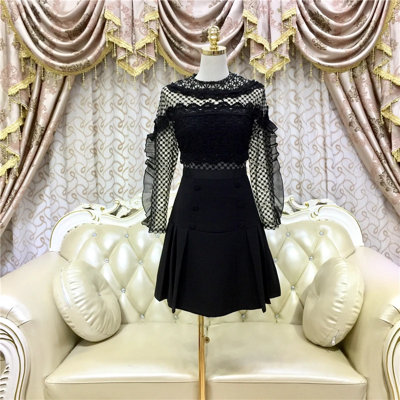 Женское однотонное кружевное цельнокроеное платье в стиле пэчворк с длинными