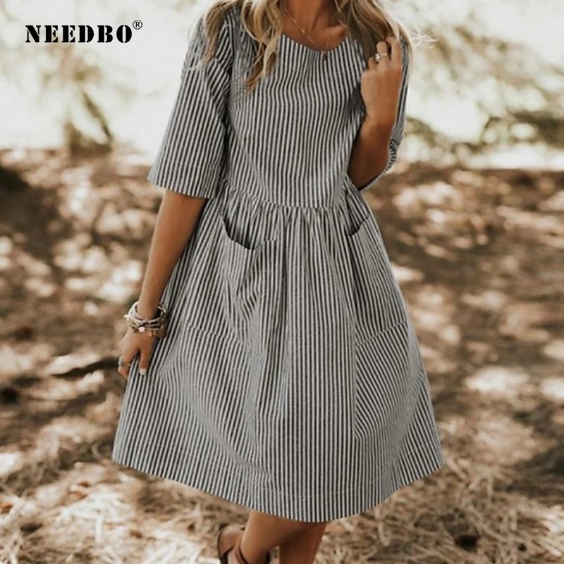 NEEDBO Summer Dresses Large Size Casual O Neck Half Sleeve Pocket Party Dress Work Stripe Ladies Women Elegant Vestidos | Женская одежда