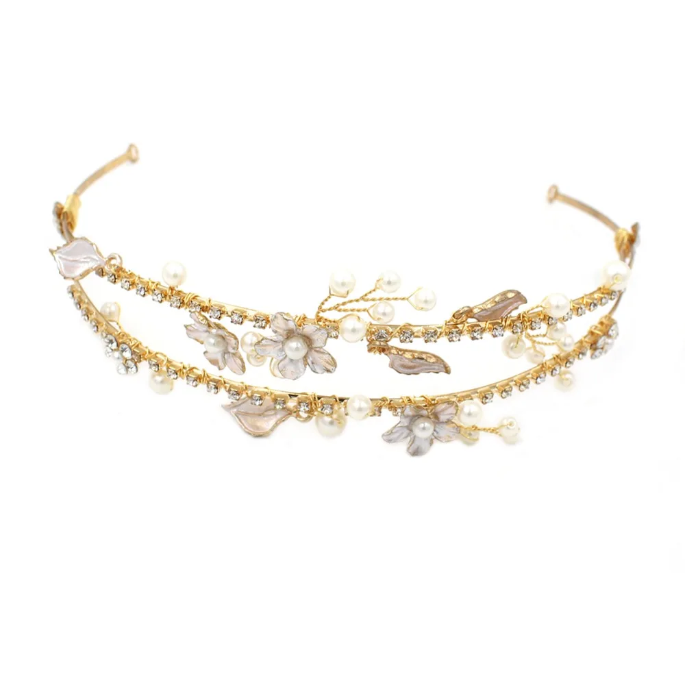 

SLBRIDAL Gold Crystals Rhinestones Pearls Flower Leaf Wedding Tiara Headband Bridal Pageant Crown Hair accessories Bridesmaids