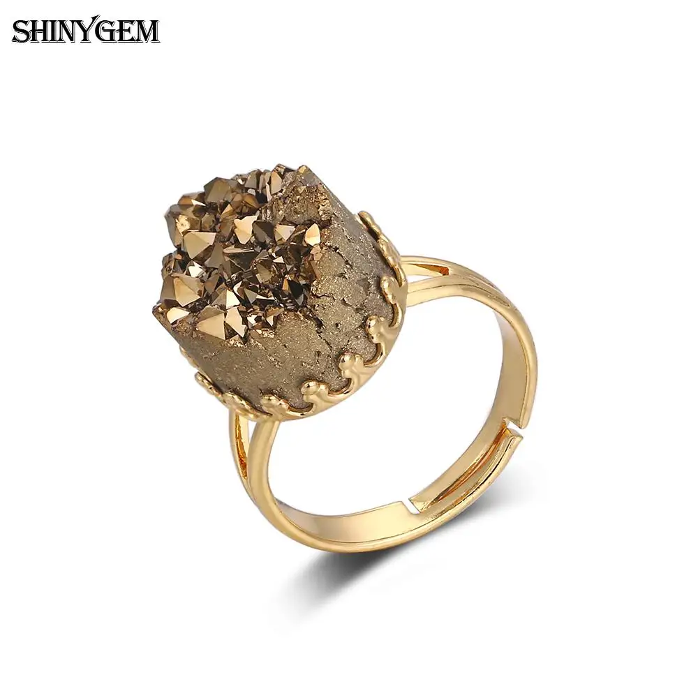 ShinyGem Stainless Steel Gold Plating Crown Rings Big Round Natural Druzy Stone Rings Adjustable Classical style Rings For Women