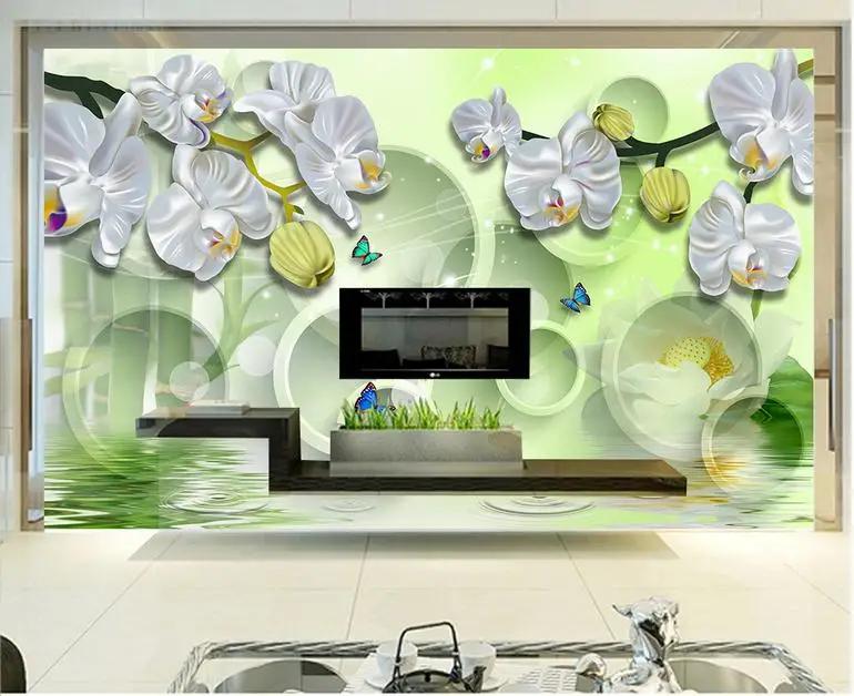 Customized photo wallpaper 3d wall mural 3 d TV setting is silvery white butterfly orchid dream decor | Обустройство дома