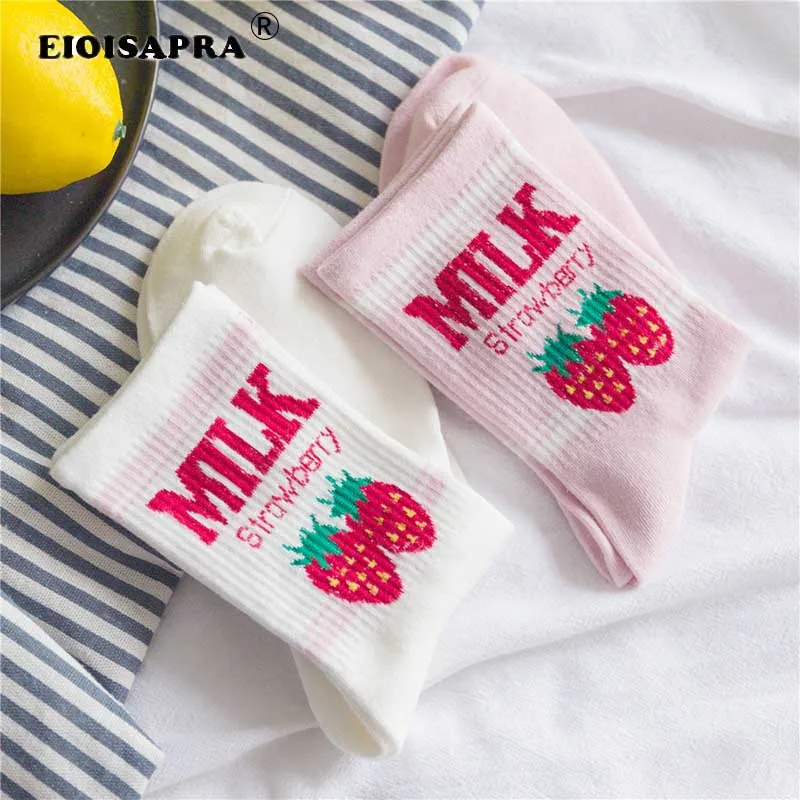 Japanese Harajuku Funny Kawaii Jacquard Cute Fruit Strawberry Milk Pinky/White Women Socks Creative Calcetines Mujer Skarpetki | Женская