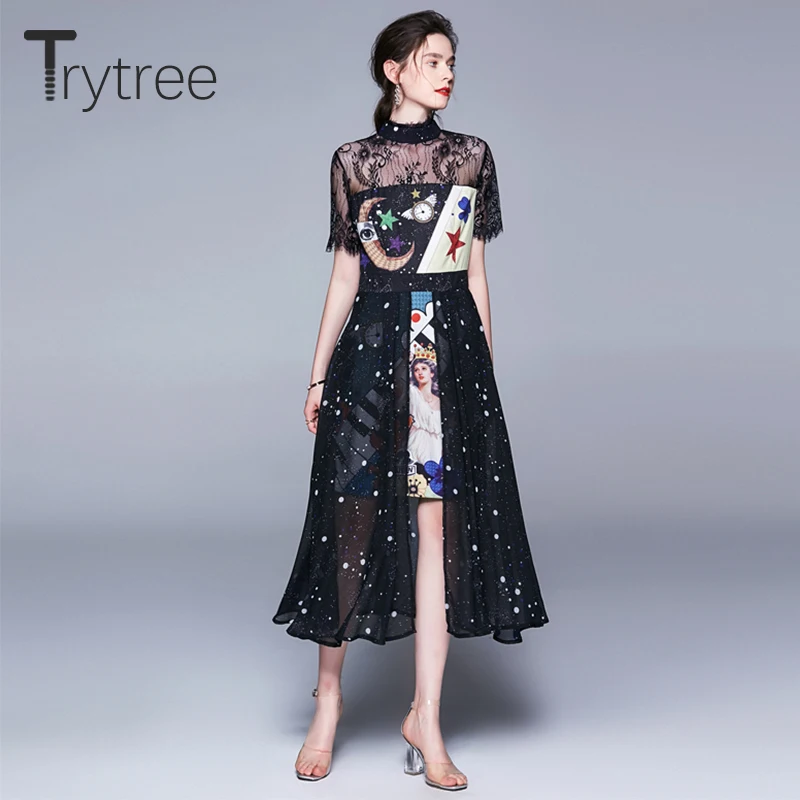 Trytree летнее осеннее платье для женщин со стоячим воротником кружевное лоскутное платье из полиэстера с принтом ТРАПЕЦИЕВИДНОЕ повседневное элегантное платье до середины икры