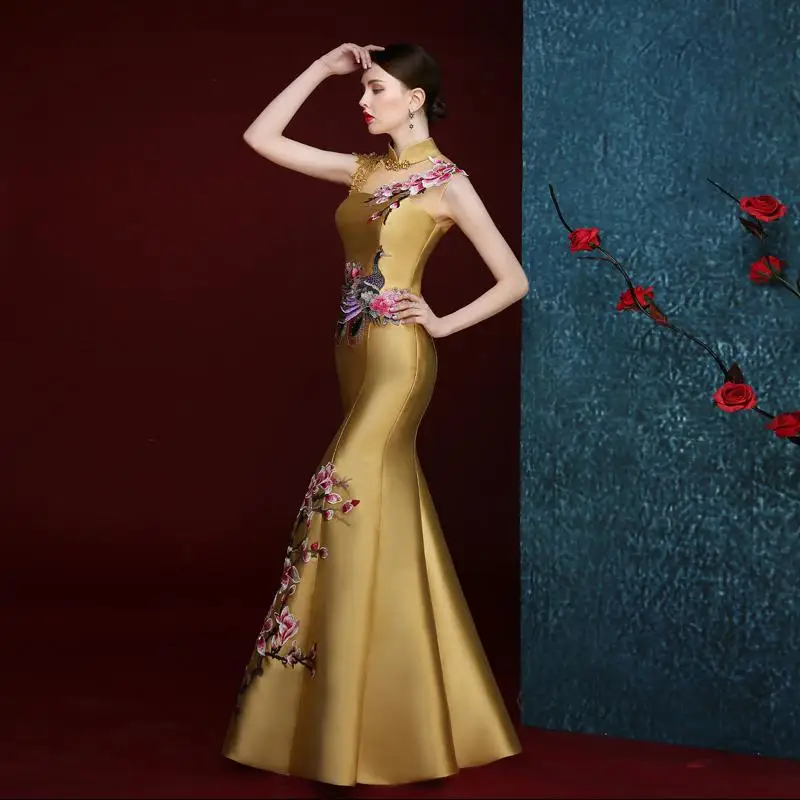 Модное свадебное платье Cheongsam, Восточное вечернее платье в китайском стиле, женское элегантное платье Qipao, сексуальное длинное платье в стиле ретро, Vestido S-3XL - Цвет: Gold