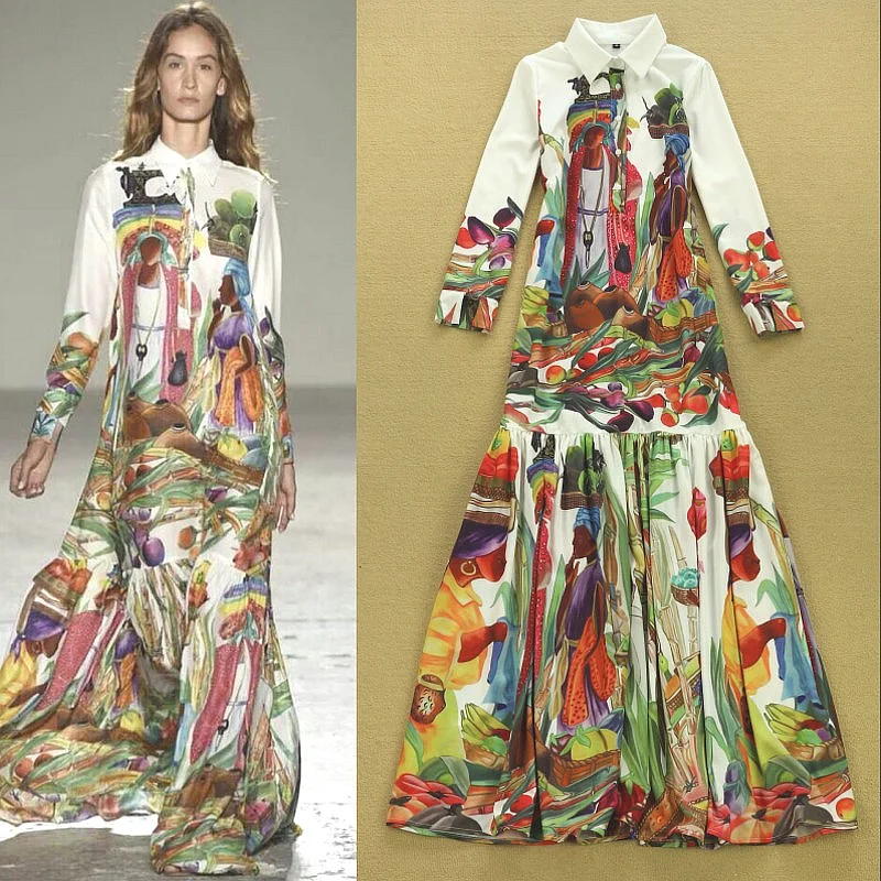 Luxury High Quality 2015 Fashion Runway Designer Dress Women's Long Sleeve Beach Retro Art Printed Bohemian Maxi | Женская одежда