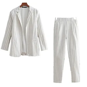 Женский Повседневный костюм из 2 предметов, белый пиджак в полоску и винтажные брюки-карандаш с принтом в полоску, весна-осень