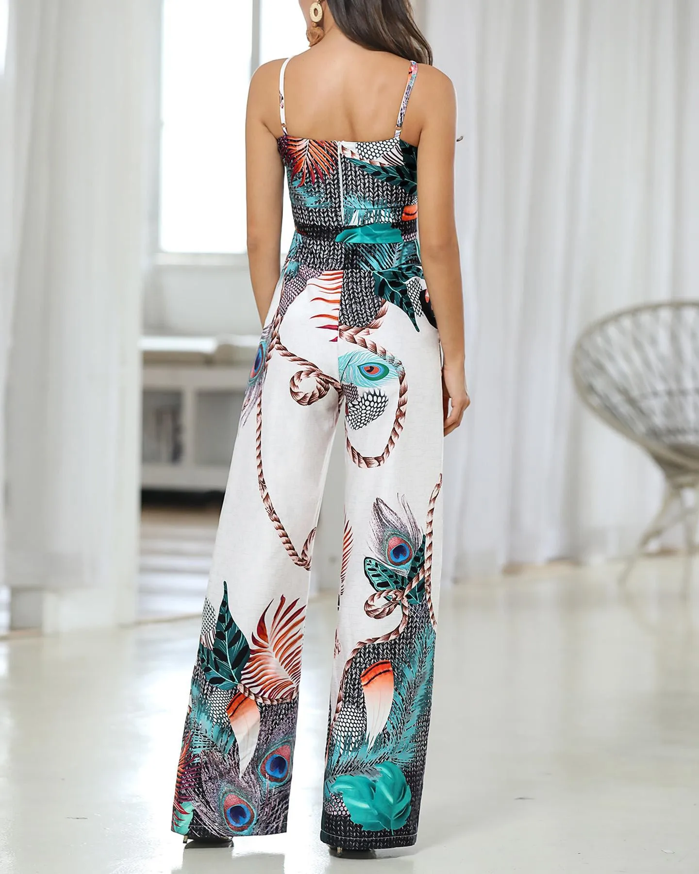 Комбинезон на бретелях-спагетти с принтом павлина длинный пляжный комбинезон