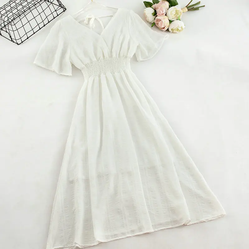 Women Dress Женское летнее плиссированное платье с v-образным вырезом и коротким рукавом, новое повседневное кружевное Бандажное эластичное тонкое платье, высокая талия шифон, пуловер с оборками - Цвет: Women Dress