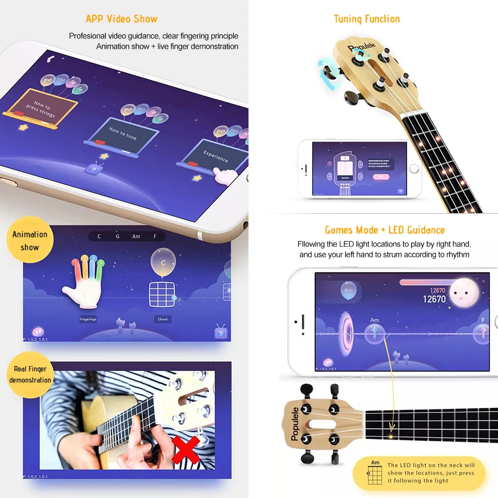 Populele U1 23 &quotSmart Концерт Гавайская гитара укулеле ручной работы выполненная из