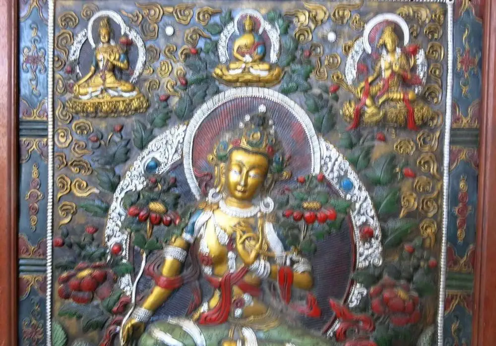 38 &quotтибетская деревянная медная Позолоченная серебряная пять Будды Зеленая